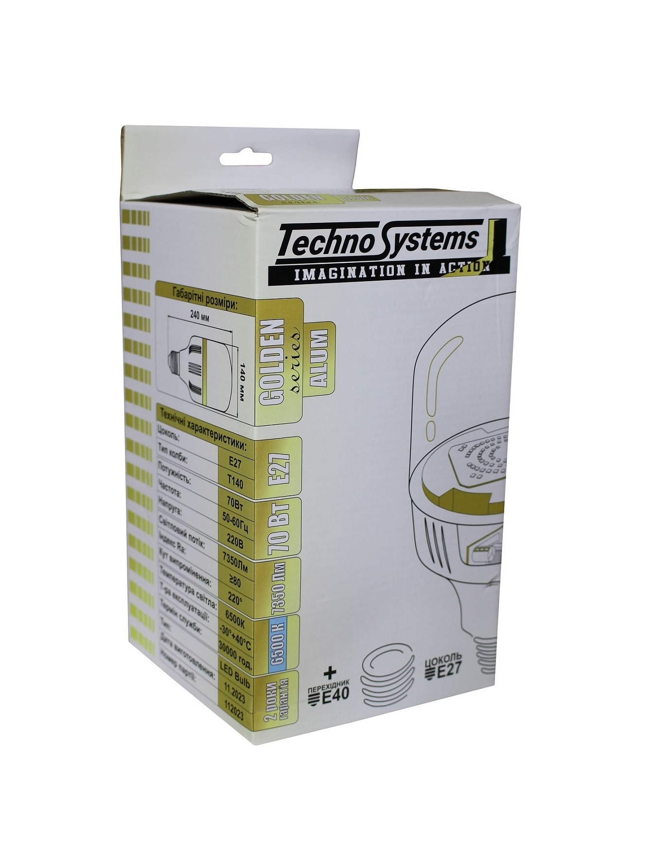 Лампа світлодіодна LED Bulb-T140-70W-E27-E40-220V-6500K-7350L GOLDEN ALUM TNSy — изображение 2